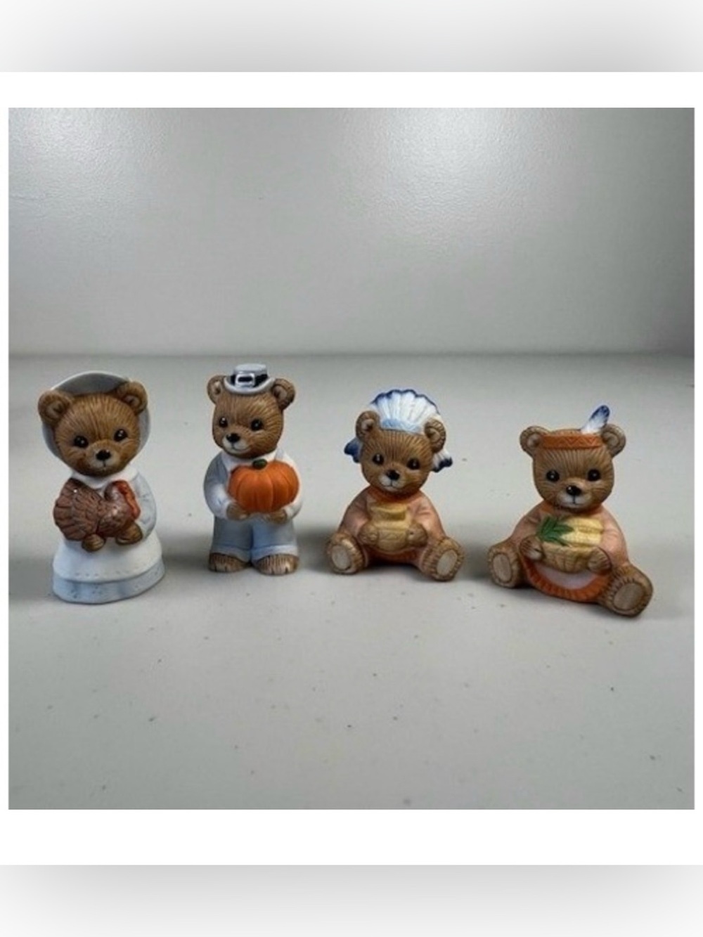 Homco 5312 Vintage‎ Thanksgiving Bear Figurines Set 4 Pilgrim Harvest Decor NOS
